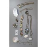 Box comprising silver abalone and mother of pearl jewellery, to include: bracelet, chain and