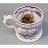 Mid 19th century Welsh Cambrian Pottery frog mug with transfer printed puce decoration. (B.P.