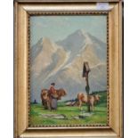 W Ashworth (British early 20th century), Swiss landscape with figure, cattle and shrine, mountains