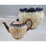 Early 20th Century Doulton Lambeth stoneware jardiniere, hand painted with enamelled flowers,