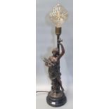 Early 20th century French spelter emblematic female figure with lyre, now converted to electricity