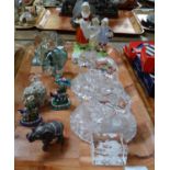 Tray of mostly elephant figures to include: a metal elephant trinket box, metal enamelled