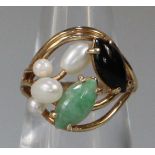 14ct gold pearl, green and black hardstone dress ring. Size L. 3.7g approx. (B.P. 21% + VAT)