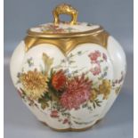 Royal Worcester porcelain 1412 blush ivory floral decorated globular jar and cover with pierced loop