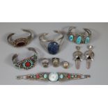 Bag of assorted silver to include: bangles with turquoise and coloured stones, dress rings, Art Deco