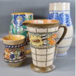 Four Art Deco Charlotte Rhead tube lined pottery items to include: tapering conical single handled