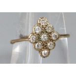 9ct gold Art Deco style nine stone cluster ring. Size M1/2. 1.7g approx. (B.P. 21% + VAT)