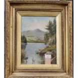 W Faulkner (British early 20th century), Loch scene with Heron and mountains, signed. Oils on board.