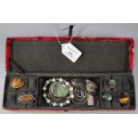 Oriental design fabric jewellery box comprising assorted silver jewellery: Tiger's Eye dress
