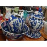 Modern Chinese blue ground exotic bird design china to include: two large ginger jars (one without