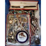 Collection of vintage and other jewellery: necklaces, pearls, bangles, watches, dog pin dish etc. (
