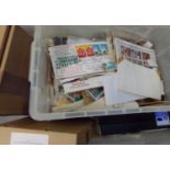 All World collection of stamps in plastic boxes on and off paper, on pages, in packets. Small