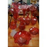 Tray of cranberry glass items to include: trumpet vases, trinket bowls, liqueur glass etc. (B.P. 21%