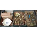 Two boxes of brassware to include: brass candlesticks, vases, inkwell, miniature easel, miniature