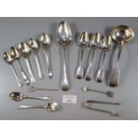Bag of 18th, 19th and 20th century silver flatware, mainly spoons, pair of sugar nips etc. 11.5 troy