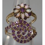 9ct gold purple and white stone dress ring, together with a 9ct gold flower head ring. Size M1/2 and
