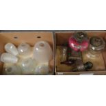 Two boxes of oil lamps and oil lamp shades to include: three frosted fluted edged Art Nouveau