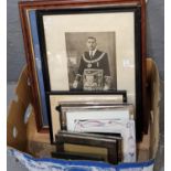 A box of assorted picture frames and furnishing pictures including: Masonic portrait, football print