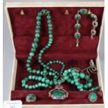 Jewellery box comprising assorted silver and malachite and similar jewellery, to include: dress