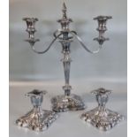 Pair of silver plated classical design dwarf candlesticks, together with a matching silver plated