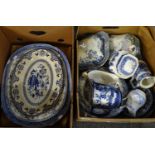 Two boxes of blue and white mostly 19th Century china to include: oval and other meat plates;