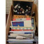 Pine box with assorted items, to include: empty stamp presentation packs, small glass case with