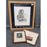 Group of three music themed pictures to include: annotated engraving of Edward Grieg, coloured print