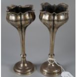 Pair of silver Art Nouveau organic design tulip vases with loaded bases, Birmingham hallmarks. 18.