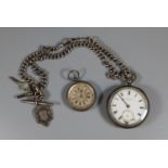 Silver open faced pocket watch marked 'S Kaltenbach Neath' on silver T bar chain with silver fob and