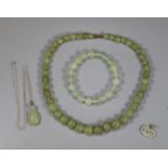 Green hardstone beaded necklace with similar bangle and Chinese green hardstone pendant on chain