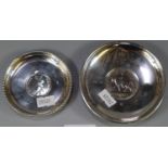 Small silver circular commemorative pin dish with inset coin for Queen Elizabeth 1952-2002, together