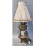 Early 20th century oil lamp base now converted to electricity, having alabaster body and base,