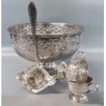 Viners silver plated repoussé floral and foliate punch bowl with two matching cups and ladle. (B.