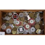 Wooden box of assorted tokens: bus tokens, National Transport tokens, poker chips etc. (B.P. 21% +