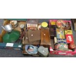 Three boxes of mostly metalware to include: various vintage tins; biscuit tins, Oxo tin, Bisto,