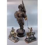 Pair of French cast metal models of Joan of Arc and Napoleon on horseback standing on octagonal
