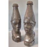 Pair of African tribal lamp base carving heads, possibly of Iyoba Benin Queen Mother. 42cm