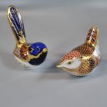 Two Royal Crown Derby bone china paperweights to include: 'Fairy Wren' and 'Derby Wren', with gold