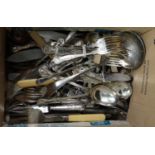 Box of loose cutlery to include; carving sets, plated soup spoons, serving spoons, ladle, forks,