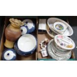 Two boxes of ceramics to include; Woods ware 'powder blue' design dinnerware comprising: lidded