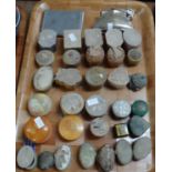 Tray containing various small pill and trinket boxes; hardstone carved, some with inlaid floral