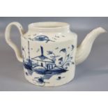 18th century English Creamware cylindrical teapot decorated in under glazed blue with chinoiserie