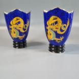 Pair of Carlton Ware fine bone china 'Blue Dragon' vases, by Marie Graves. Limited edition no.