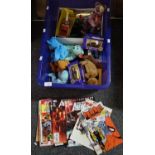 Box of items to include: Cadbury's Model Vintage Vans, Ty Bears, various comics including 'Marvel
