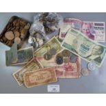Box of assorted GB and foreign coinage, banknotes including The Japanese Government 10 Rupees