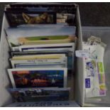 All World stamps in plastic box, in packets, bags, envelopes and some First Day Covers and box of
