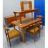 Teak dining table with a set of four matching chairs, together with a similar coffee table and