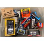 Plastic box of assorted diecast model vehicles to include: Shell Aston Martin DBS 007, Matchbox,