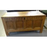 17th century style pale oak coffer, the hinged and moulded lid above four fielded panels on stile