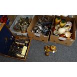 Three boxes of assorted items to include: cased bronze cutlery set, various vases; Crown Ford, blush